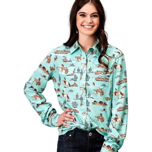 Roper Tops - Roper Desert Toile Western Pearl Snap Blouse SZ M NWT